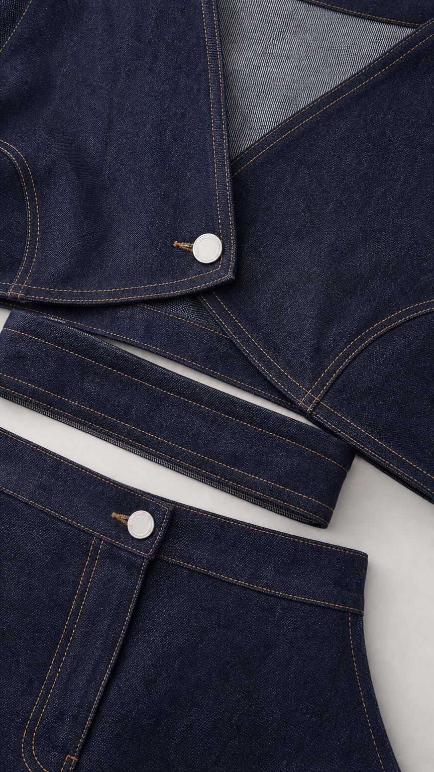 Close-up of indigo blue set showing button closure and topstitching