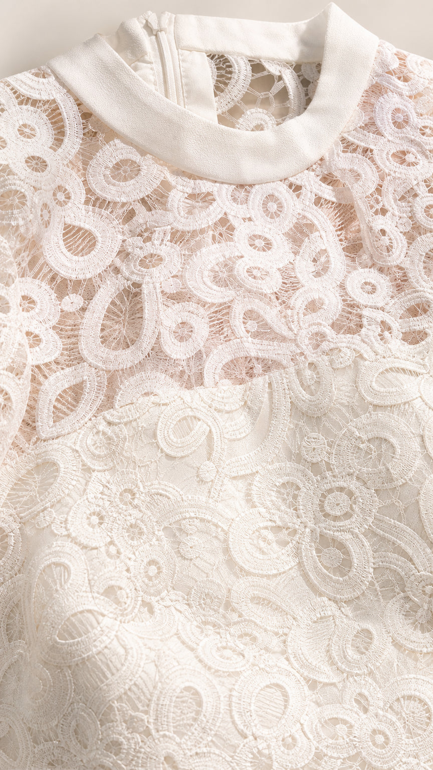 Close-up detail of white floral lace texture and round neckline trim
