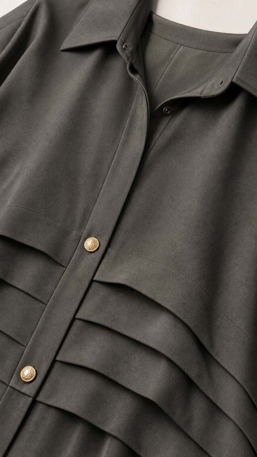 Close-up of shirt collar, button placket, and front pleating details
