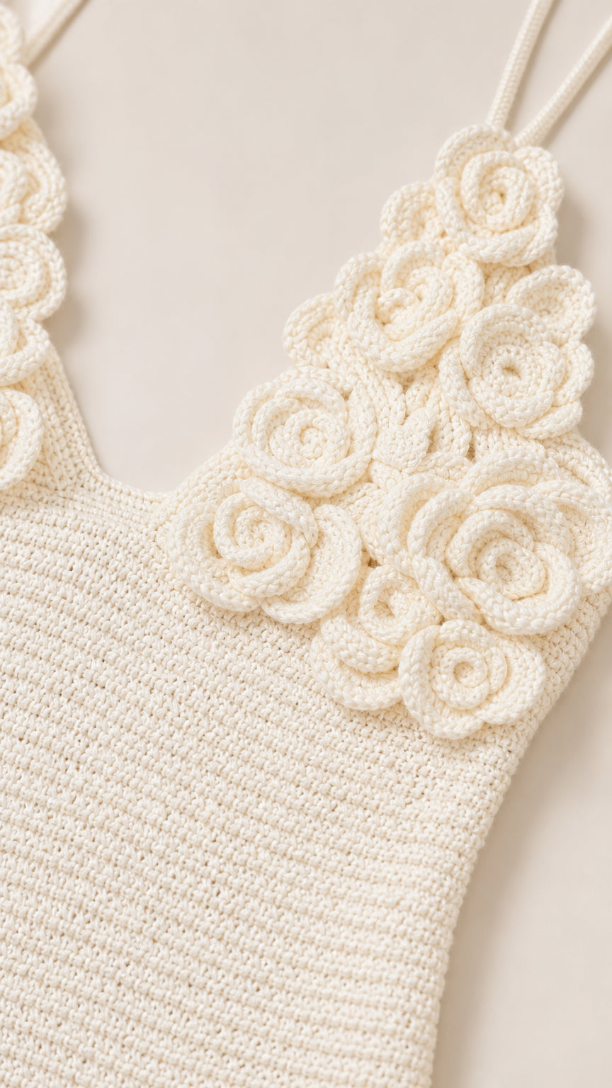 Close-up of the 3D crochet floral appliqués and neckline