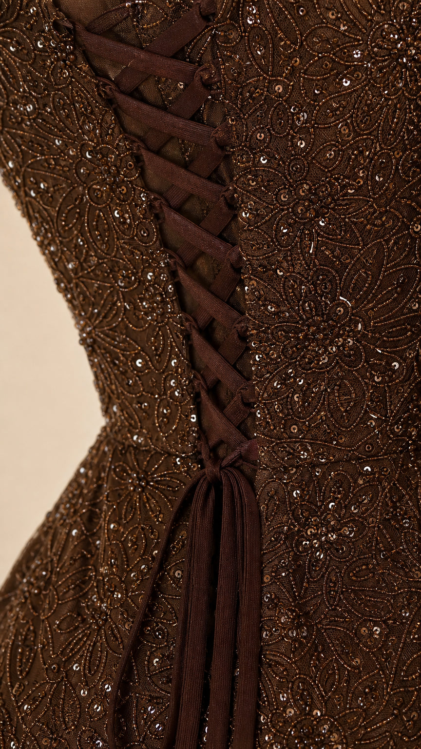 Close-up of intricate lace-up corset back and detailed sequin embroidery on chocolate gown