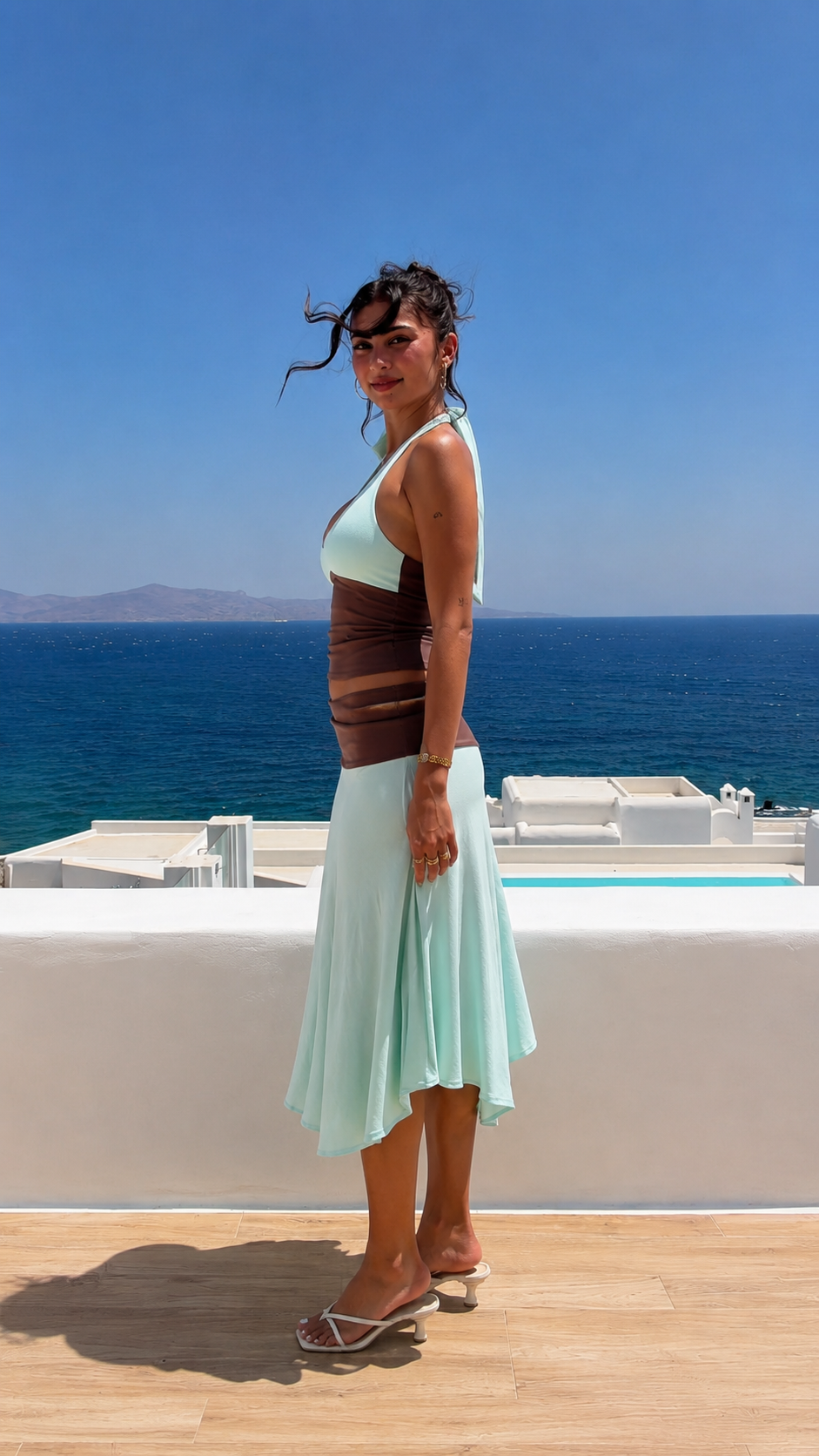 Side profile of mint blue two-piece set
