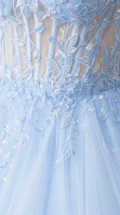 Close up of bodice lace appliques and beadwork in light blue