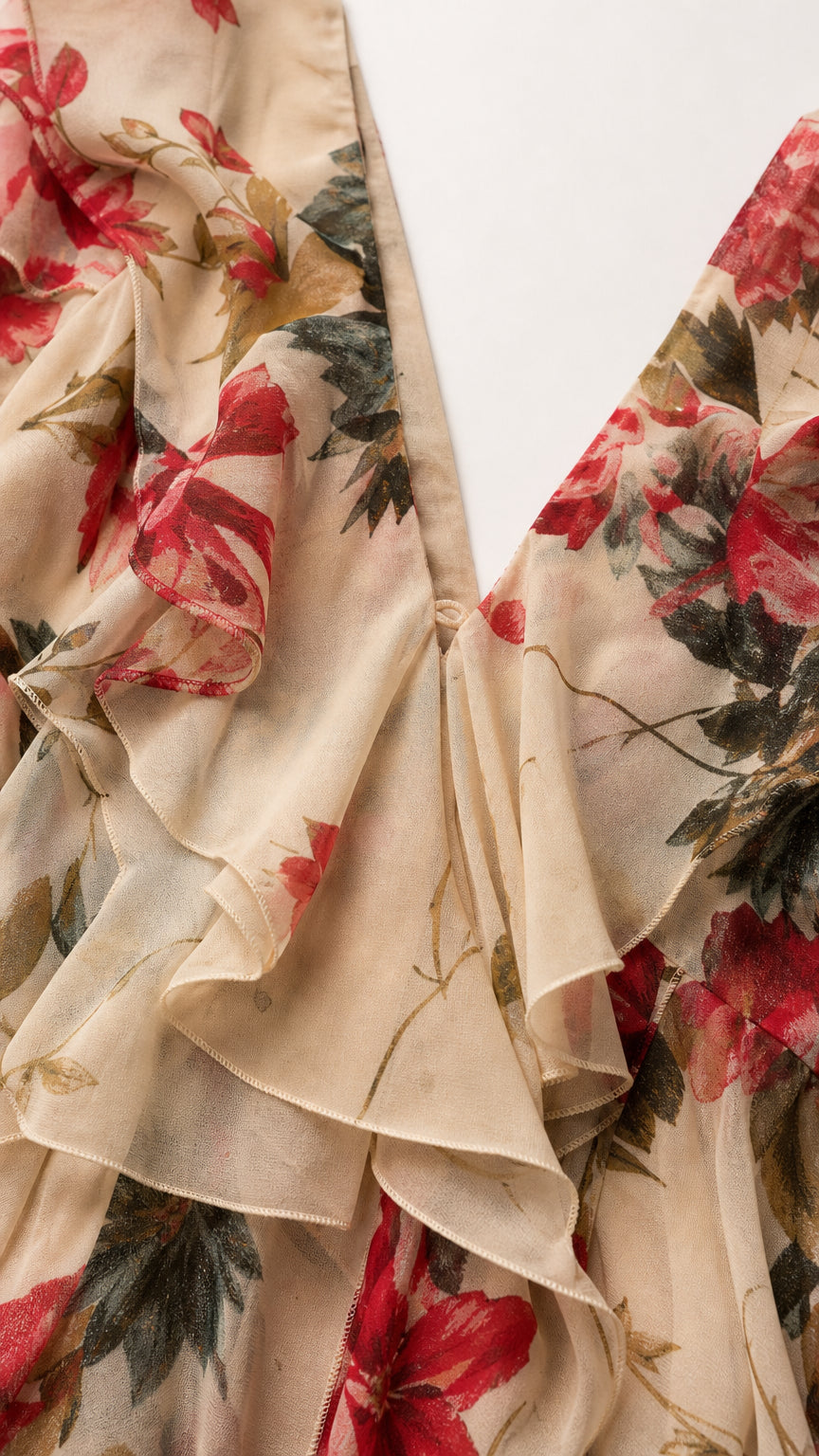 Close-up detail of sheer printed floral chiffon fabric and ruffled neckline trim
