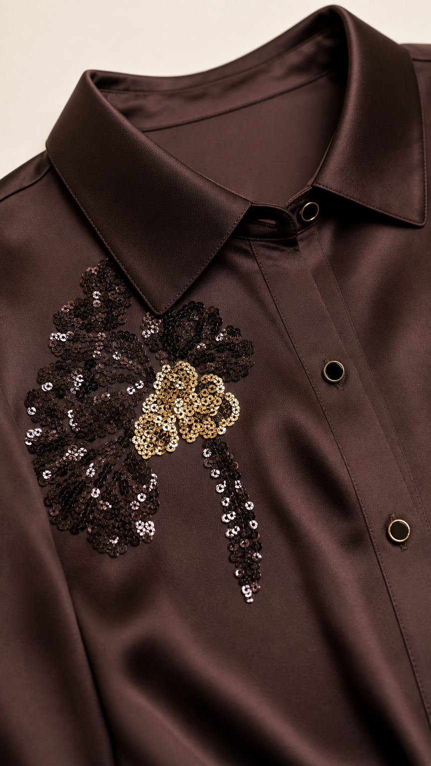 Close-up of collar and floral sequin embroidery on brown satin shirt
