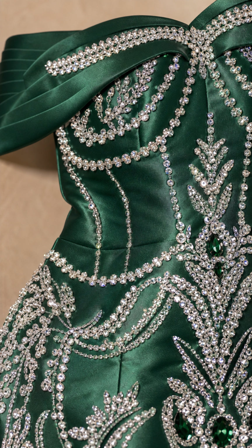 Close-up of crystal beadwork and fringe detail on satin gown