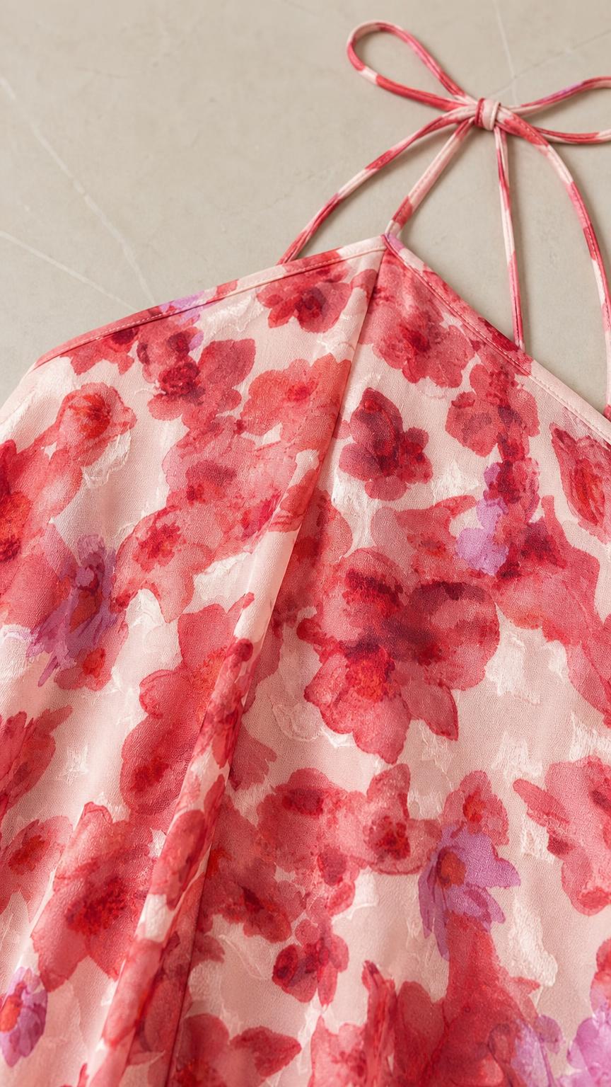 Close-up detail of fabric texture and watercolor floral pattern