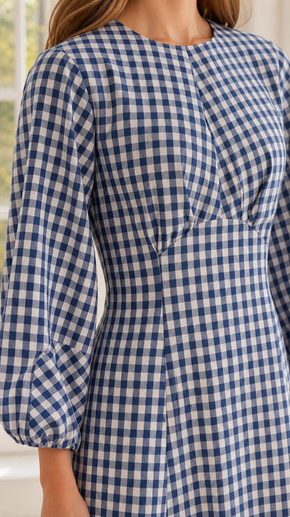 Close-up of bodice and sleeve detail on blue gingham dress