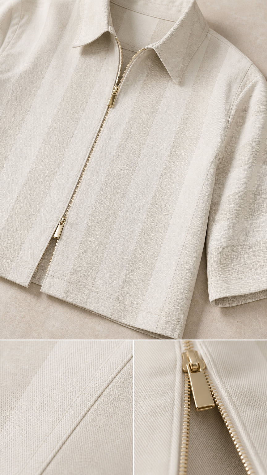 Close-up detail of zipper, collar, and striped fabric texture