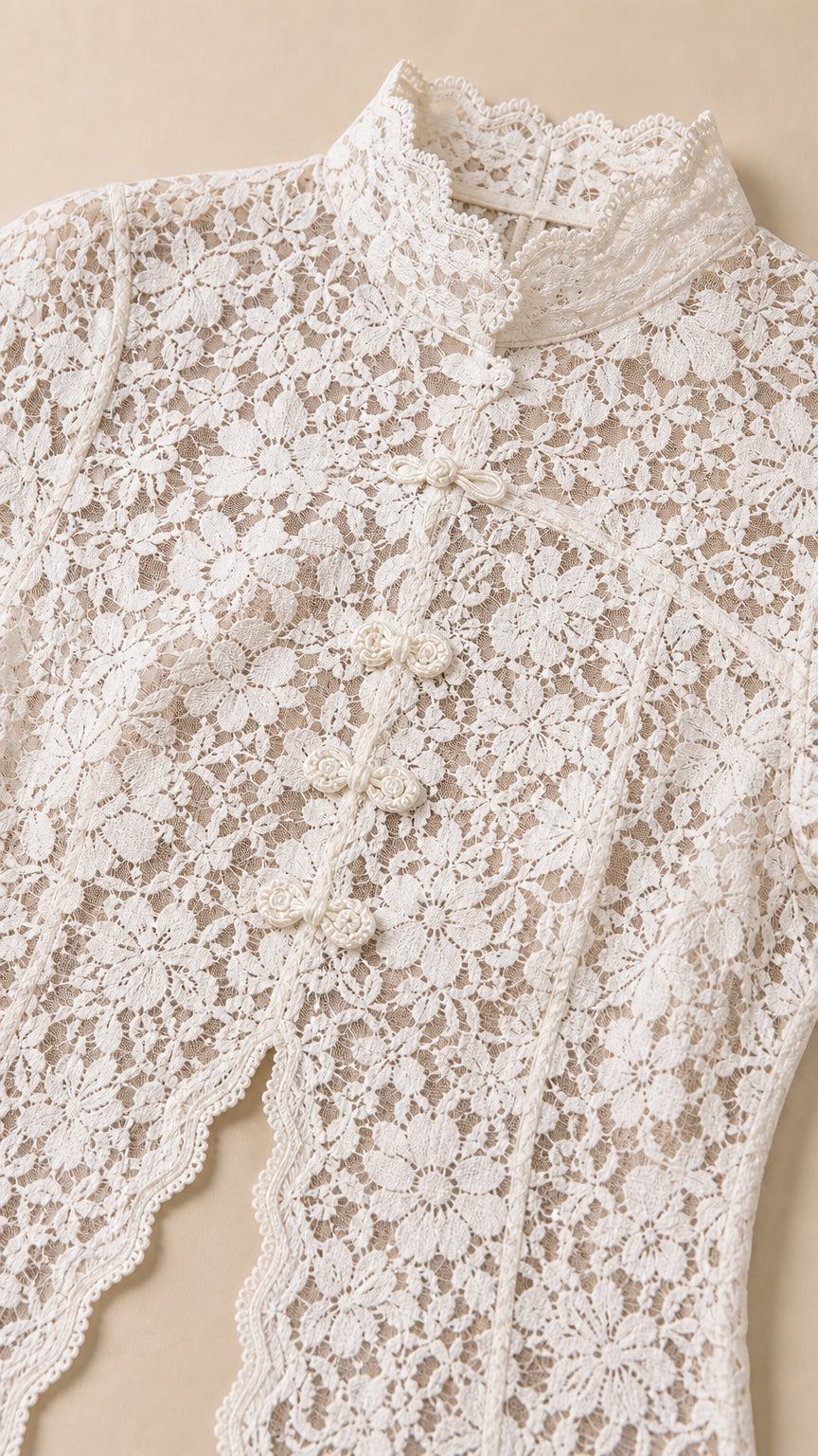 Close-up detail of white lace collar and button closure
