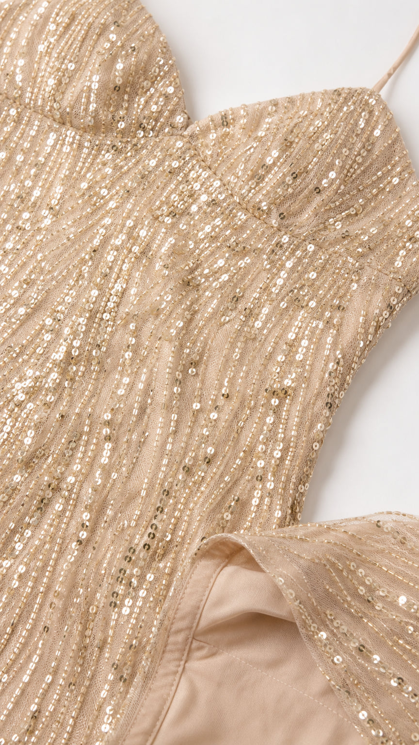 Close-up detail of champagne gold sequin embroidery and inner lining