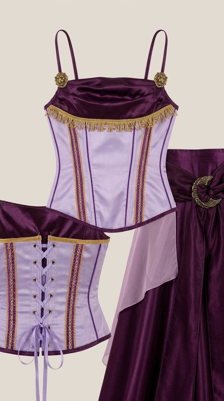 Close-up flat lay of corset bodice with gold fringe trim and lace-up back