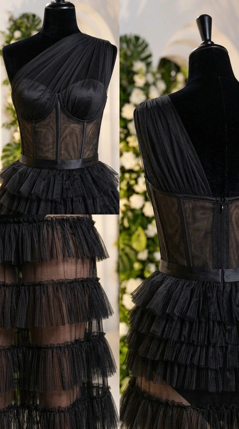 Close-up detail of structured boned corset bodice and tiered tulle ruffles on mannequin