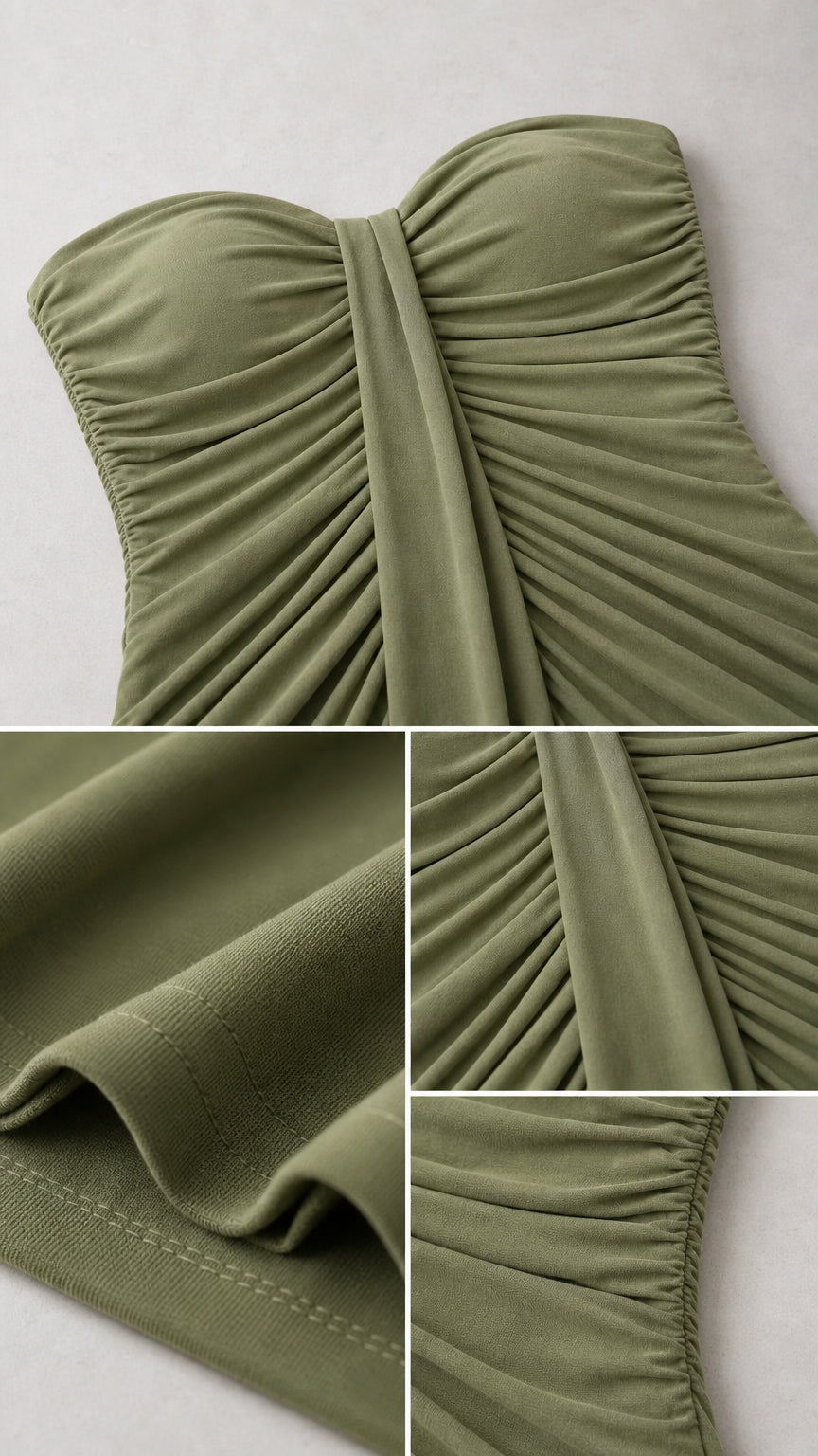 Close-up detail of gathered ruched bodice and fabric texture in olive green