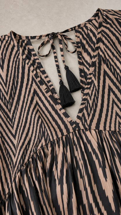 Close-up detail of V-neckline with back tie and black tassel accents on printed fabric