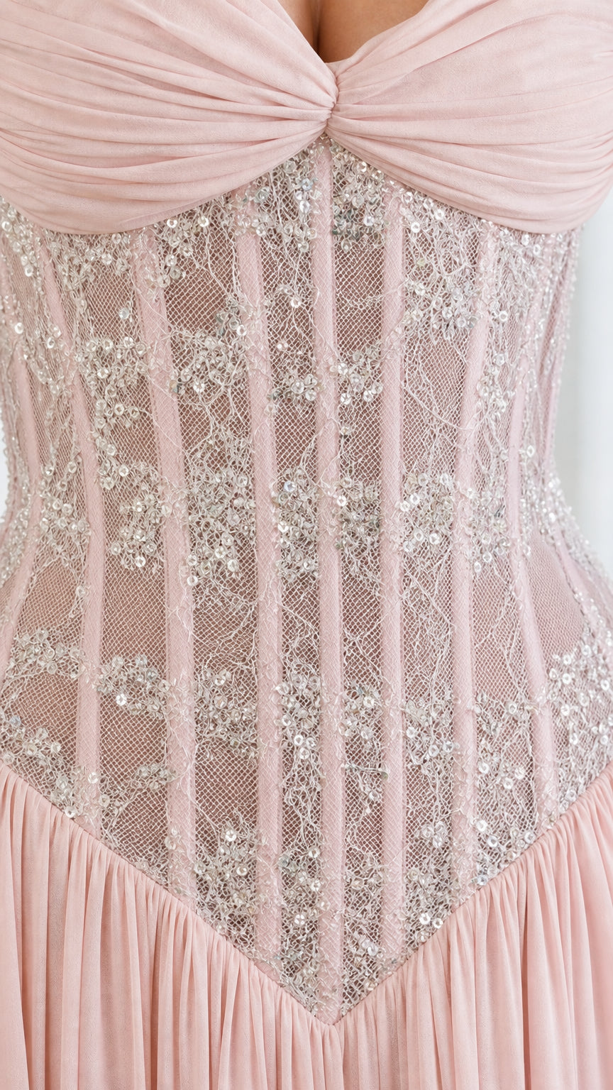 Close-up detail of the sequin embellished corset bodice