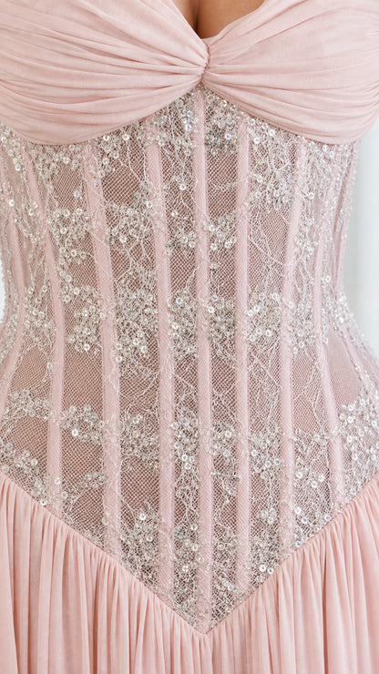 Close-up detail of the sequin embellished corset bodice