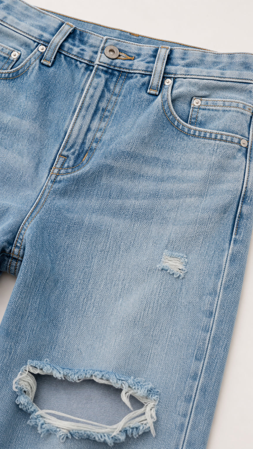 Close-up detail of light wash distressed denim jeans