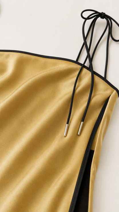 Close-up detail of self-tie shoulder straps and contrast piping on satin fabric