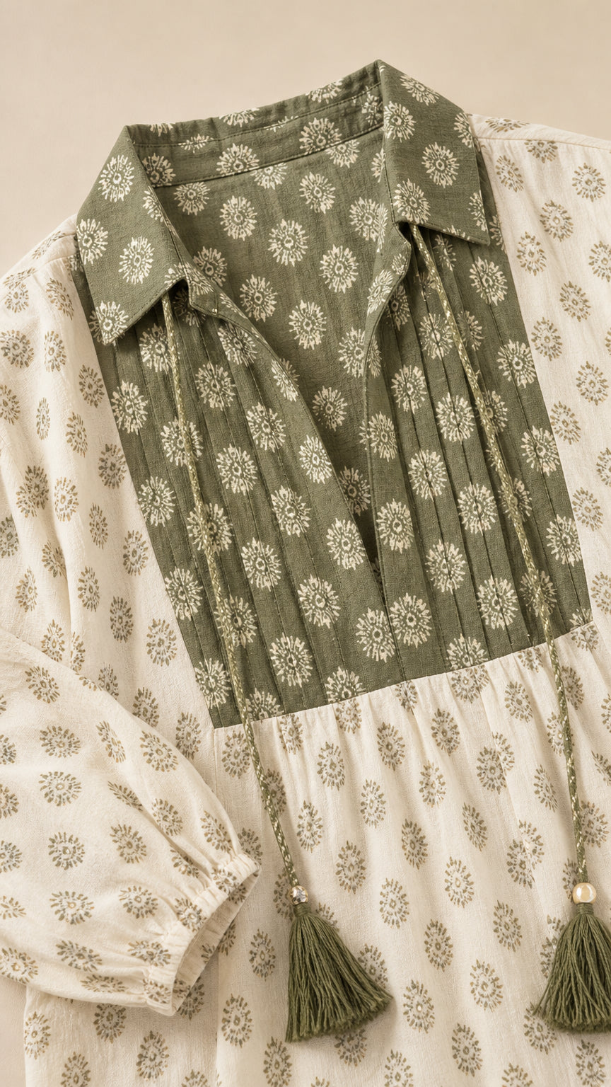 Close up of sage green top collar and tassel details