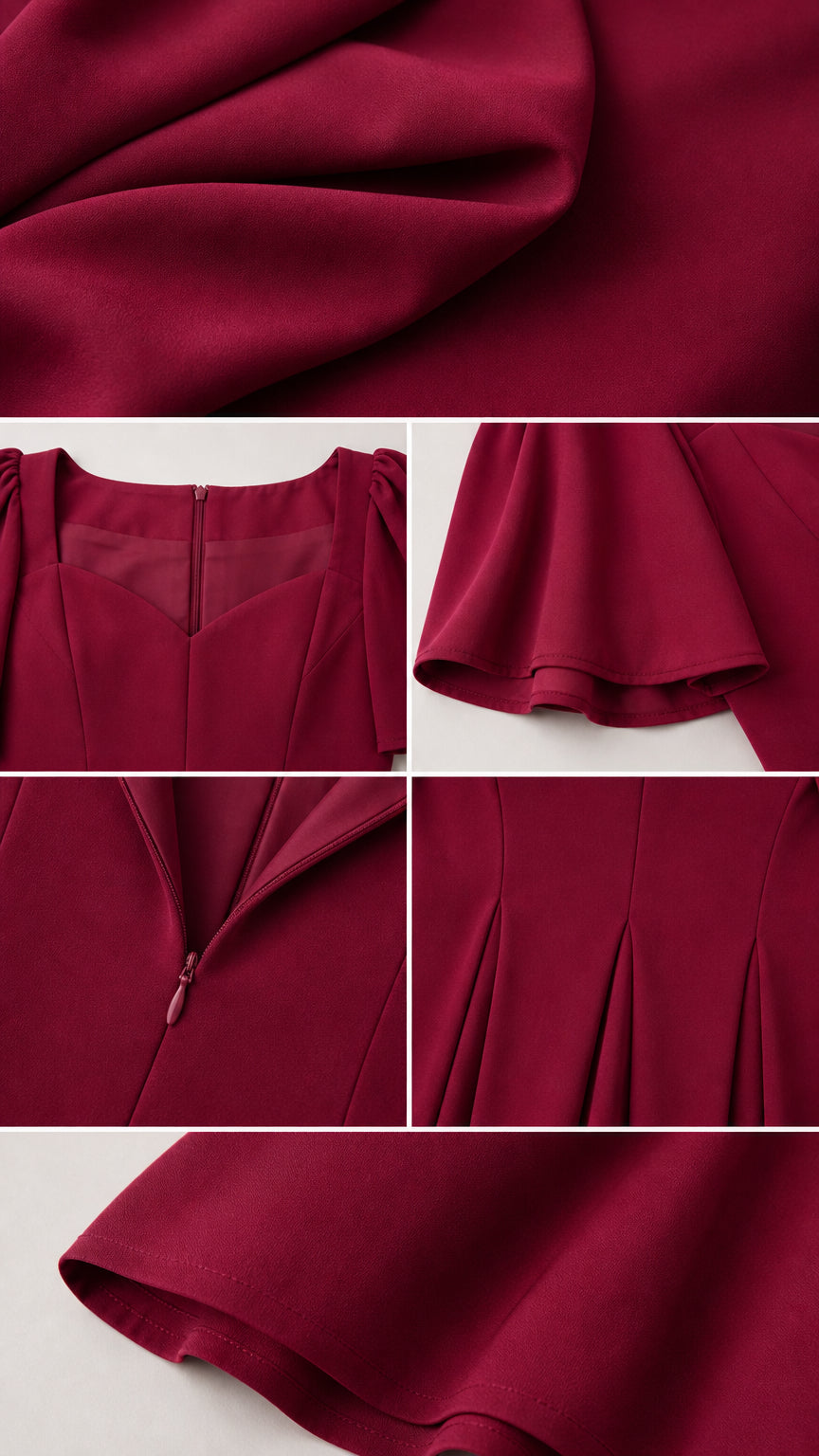 Close-up details of fabric, neckline, sleeves, zipper, and hem