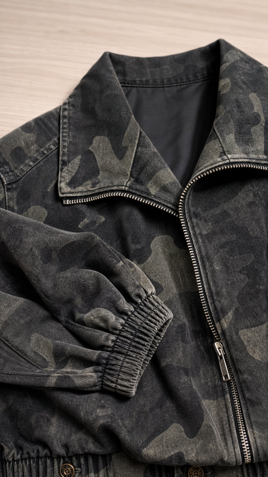 Close-up of the camouflage jacket collar, zipper, seam details, and elasticated cuff