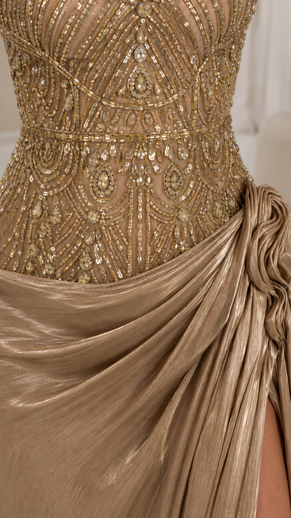 Close up view of intricate beaded and sequined bodice and draped rosette detailing