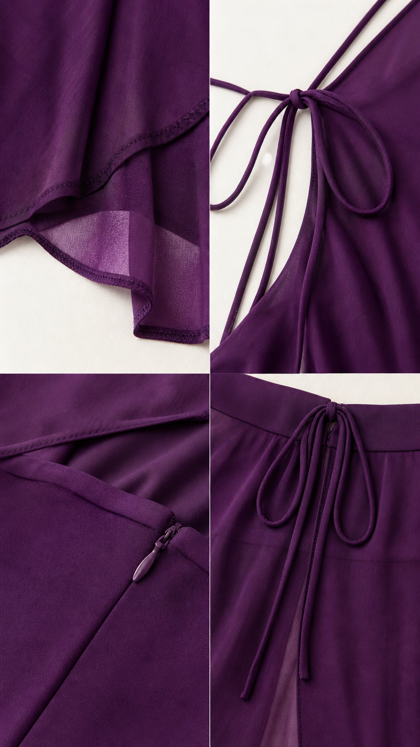 Close-up details of purple chiffon fabric, self-tie straps, and zipper construction