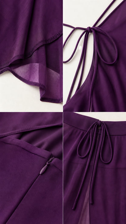 Close-up details of purple chiffon fabric, self-tie straps, and zipper construction