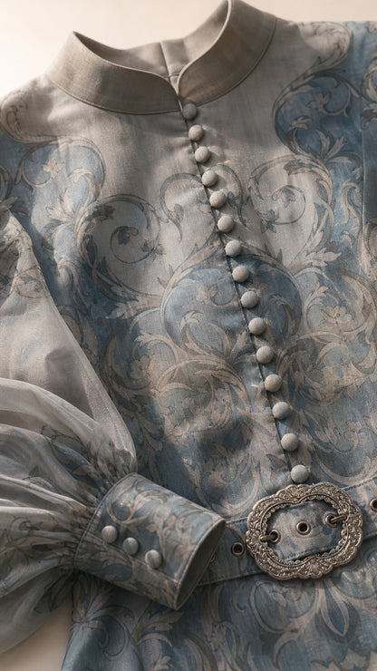 Close-up detail of bodice buttons, collar, and belt buckle