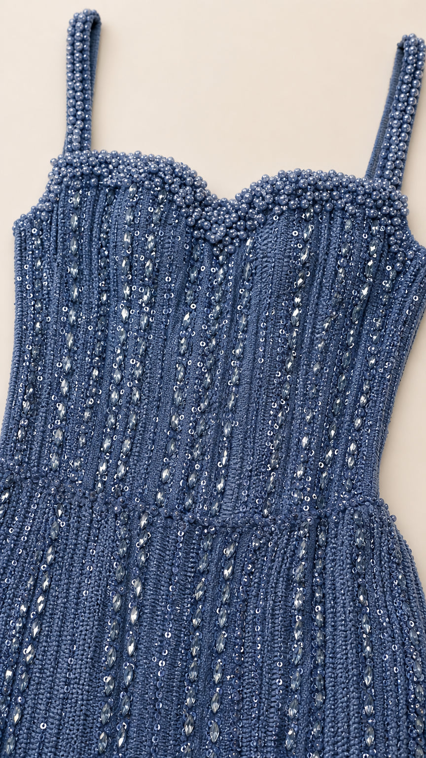 Close-up detail of Slate Blue sweetheart neckline and intricate beaded ribbed knit fabric