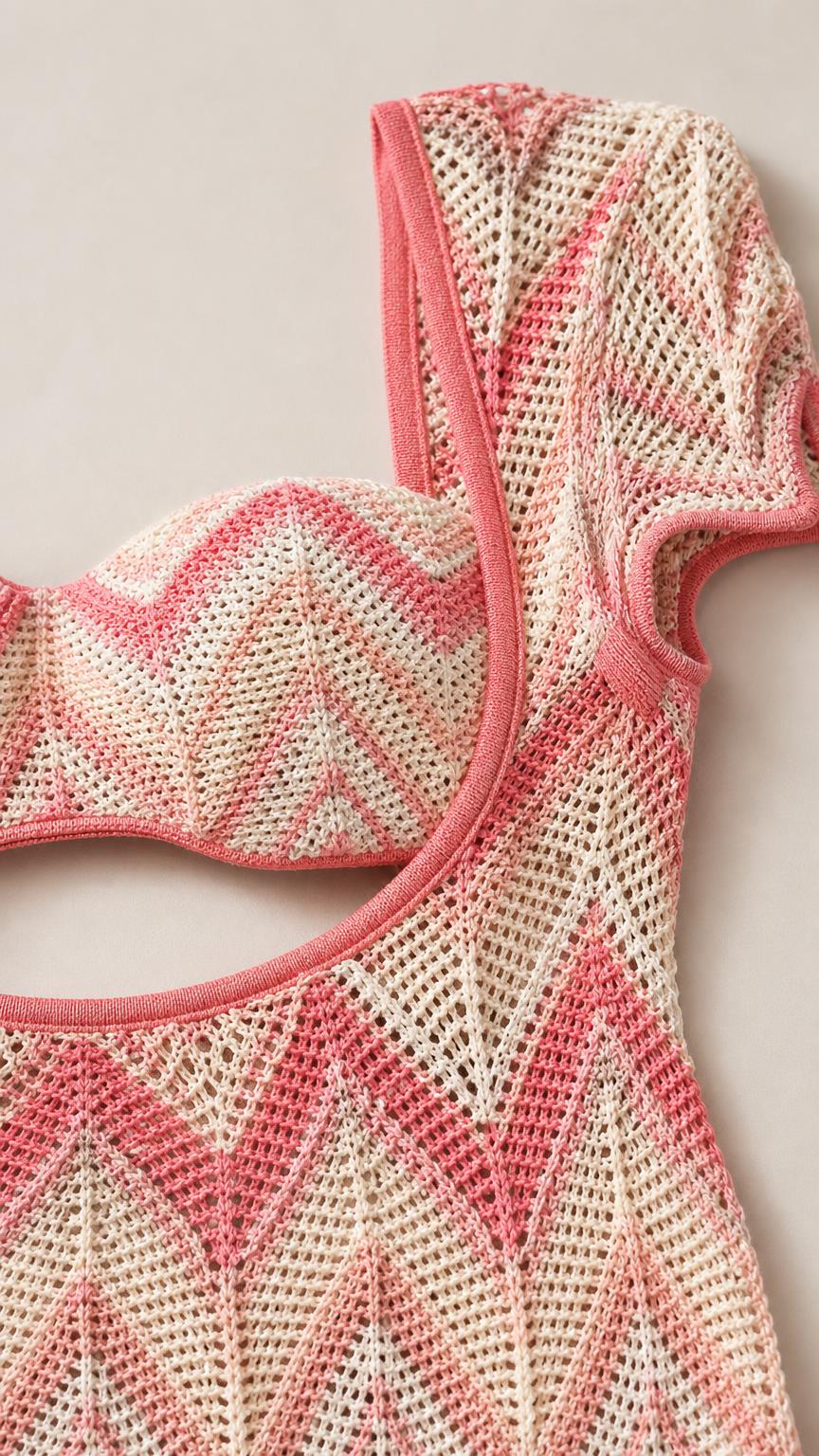 Close-up detail of crochet knit pattern and cutout
