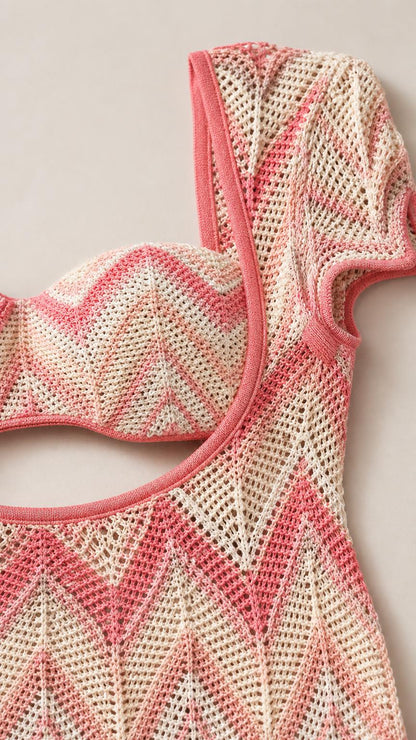 Close-up detail of crochet knit pattern and cutout