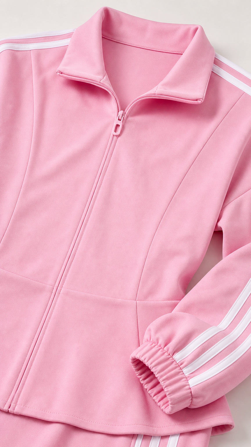 Close-up detail of pink zip-up jacket showing collar, zipper, and striped cuffs