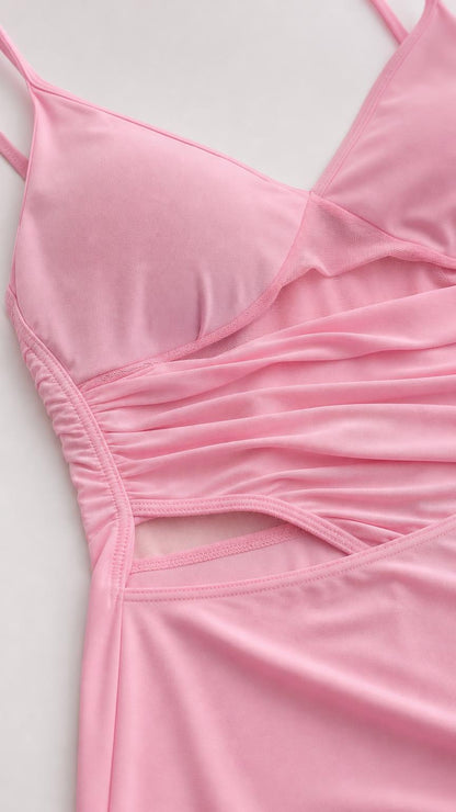 Close up of pink dress bodice and side cutout detail
