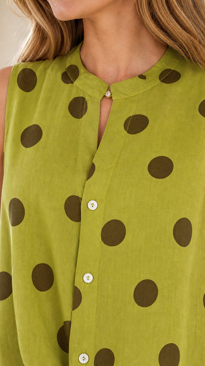 Close-up of green polka dot top neckline and buttons