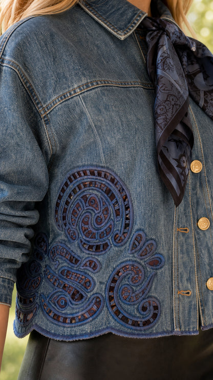 Close-up detail of embroidery and button hardware on blue denim jacket