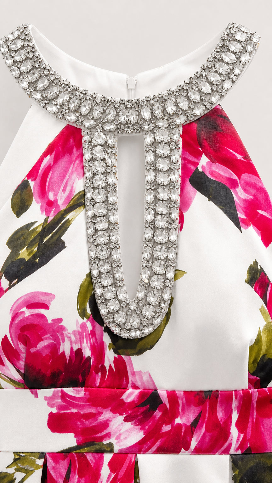 Close-up detail of rhinestone-embellished halter collar