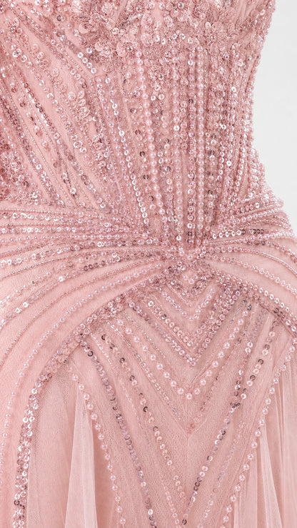 Close-up detail of bodice beadwork and sequins