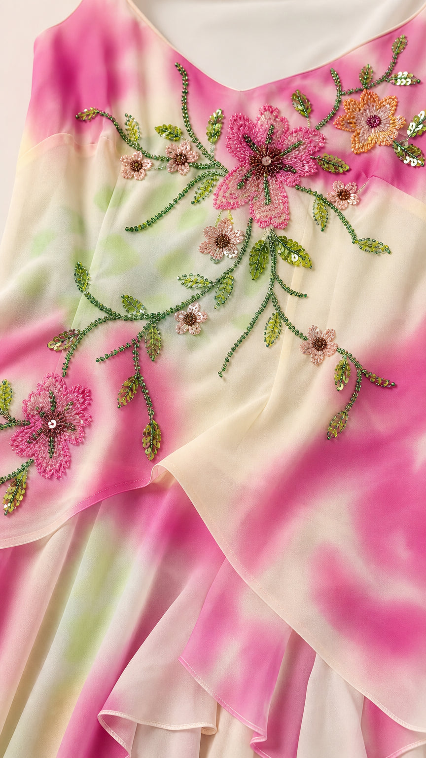 Close-up detail of delicate pink and green beaded floral embroidery on dress bodice