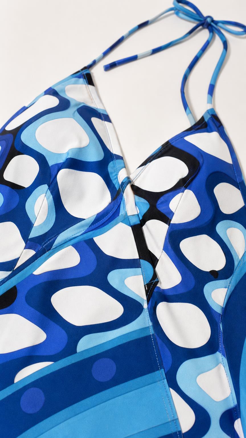 Close-up detail of blue geometric pattern and V-neckline
