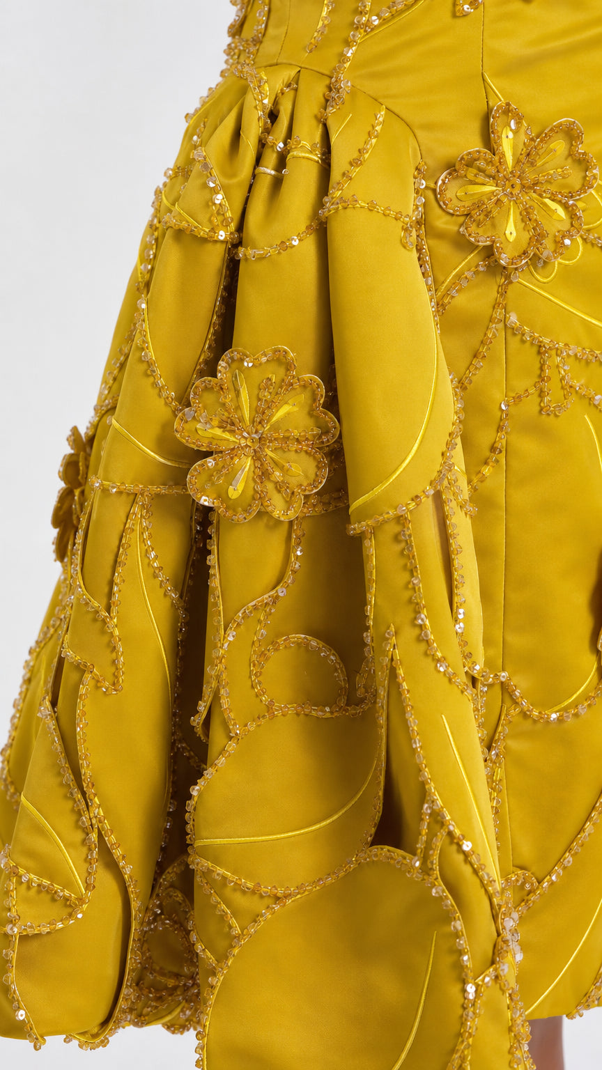 Close-up detail of yellow dress fabric and floral appliques