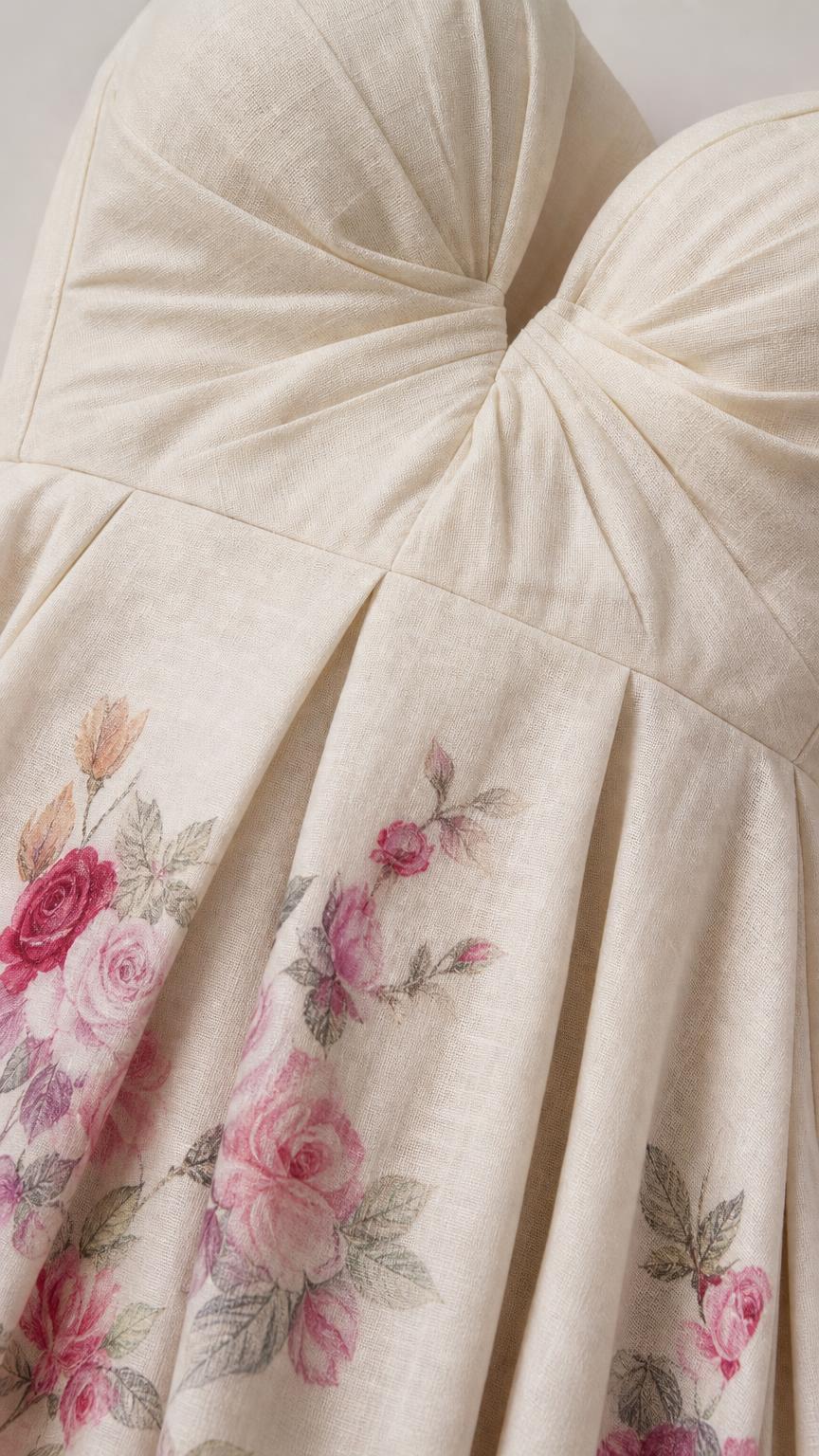 Close up of bodice and floral hem on off-white maxi dress