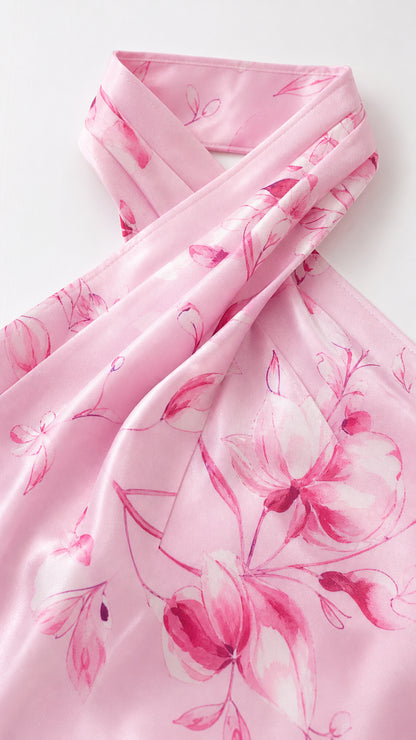 Close-up detail of smooth pink fabric and floral print pattern