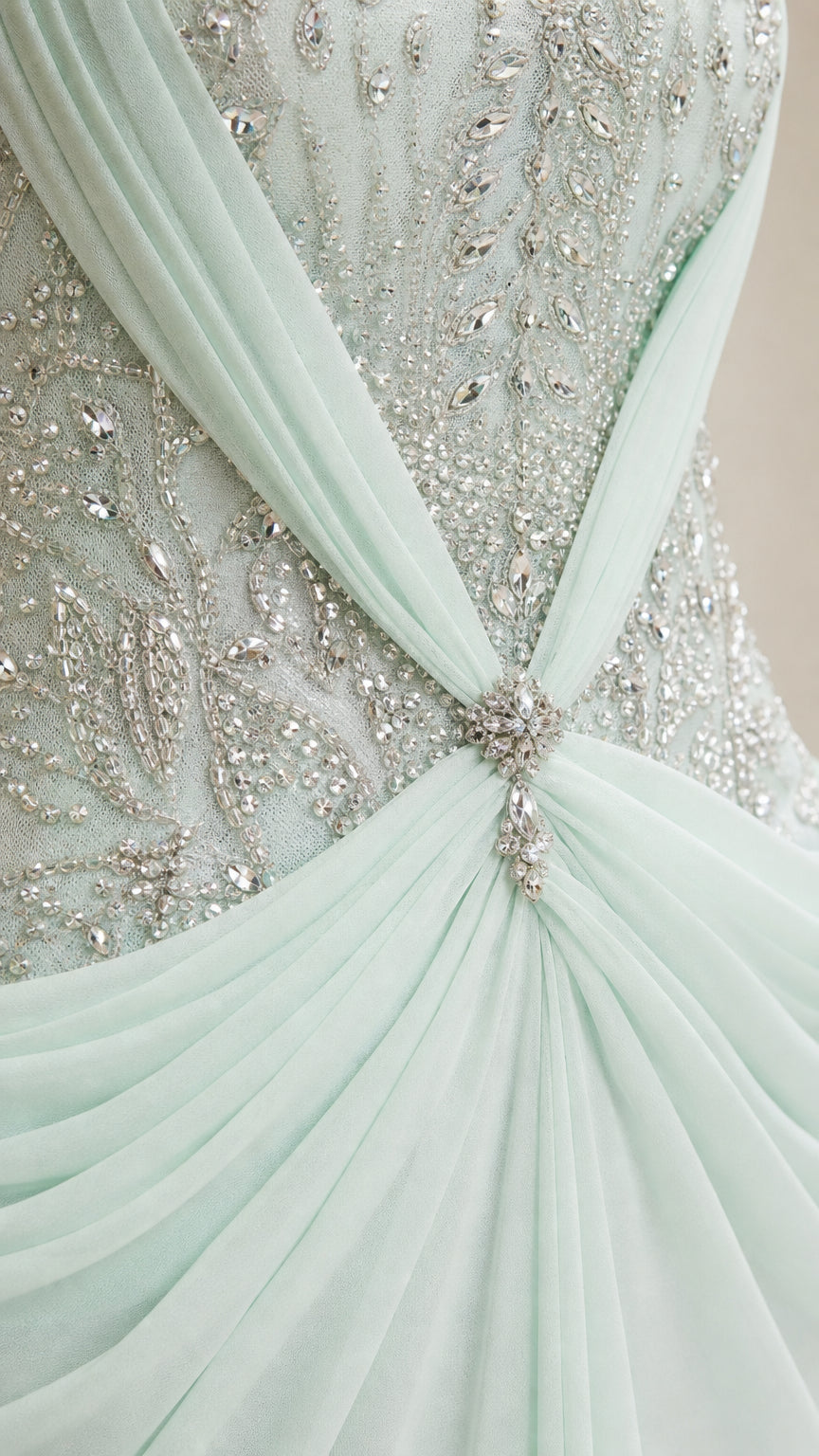 Close-up detail of beaded embroidery and ruched jewel gathering on mint green gown