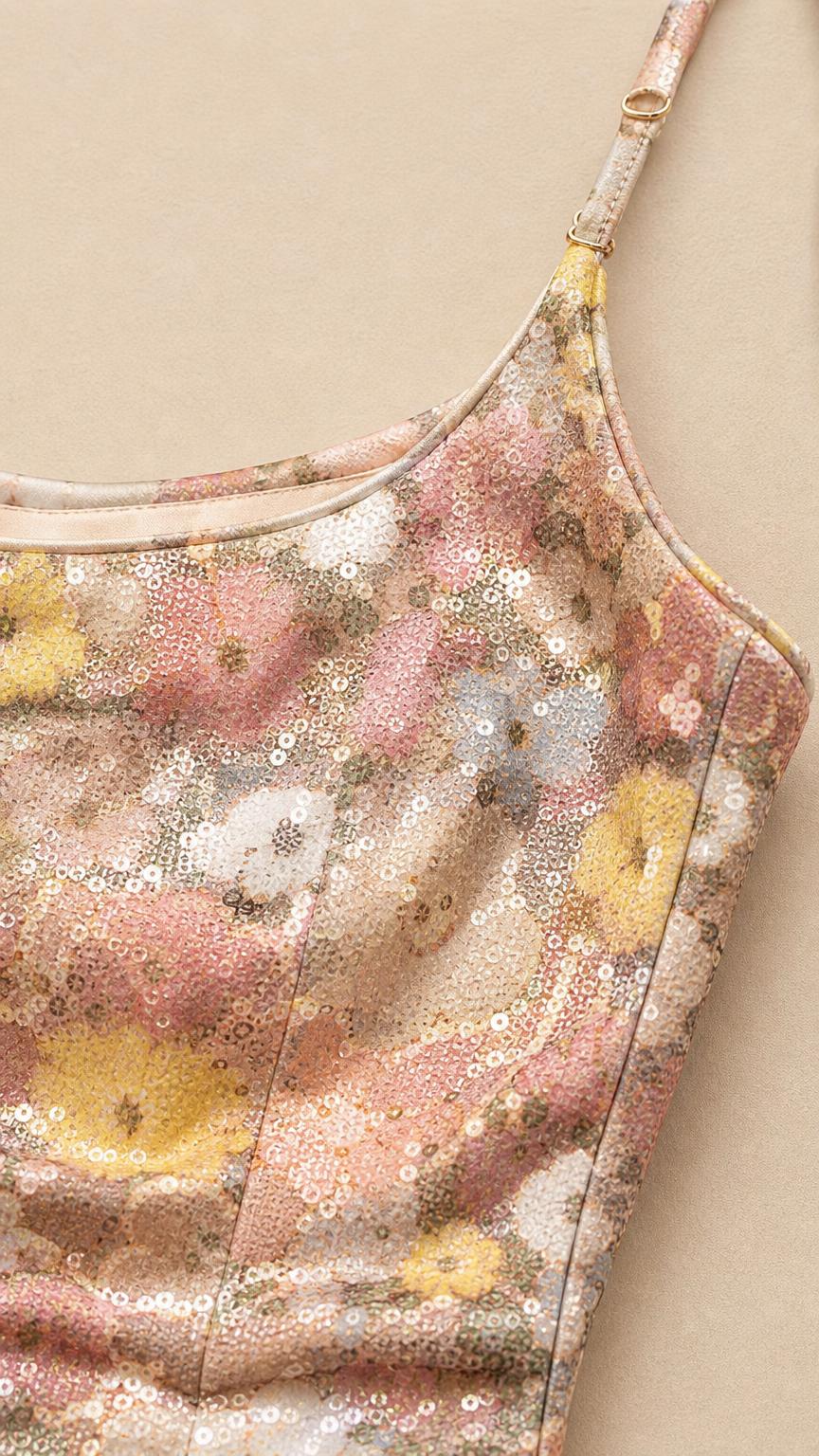 Close up of multi floral sequin fabric and strap detail