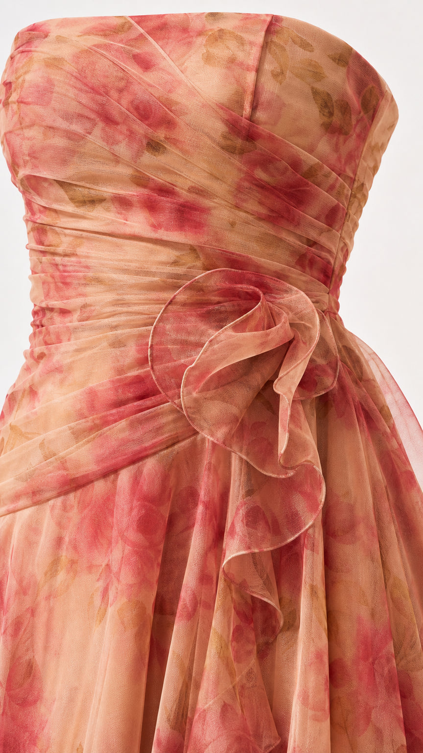 Close-up detail of ruched strapless bodice and side accent