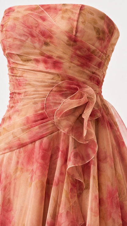 Close-up detail of ruched strapless bodice and side accent