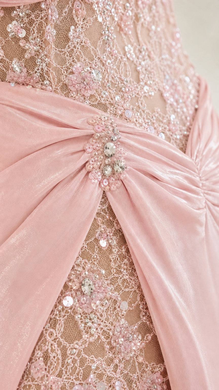 Close-up detail of bodice beading and satin drape in pink