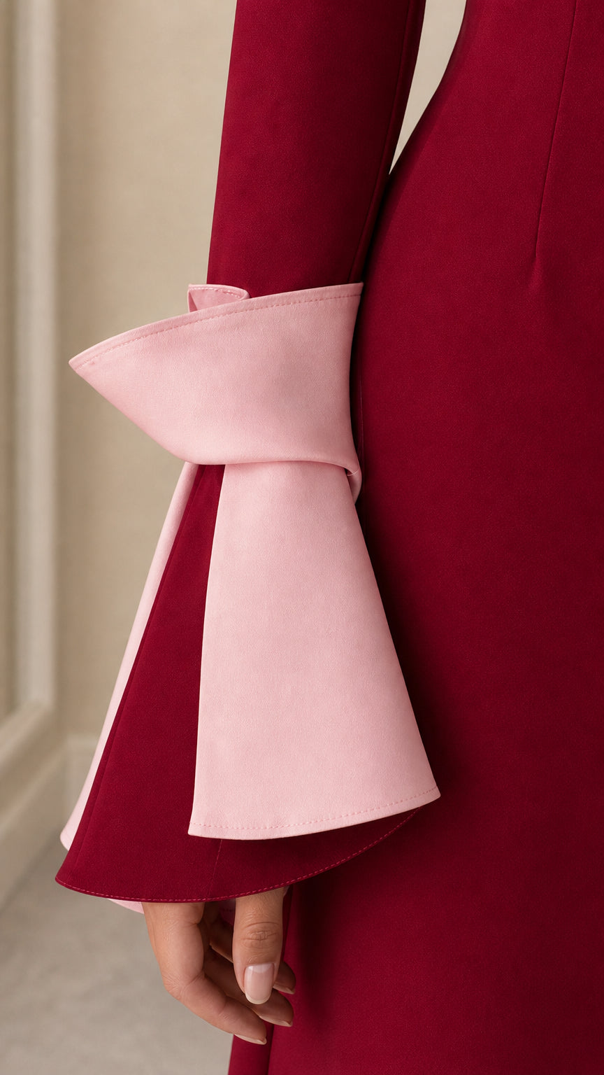 Close-up detail of contrast flared sleeve cuffs
